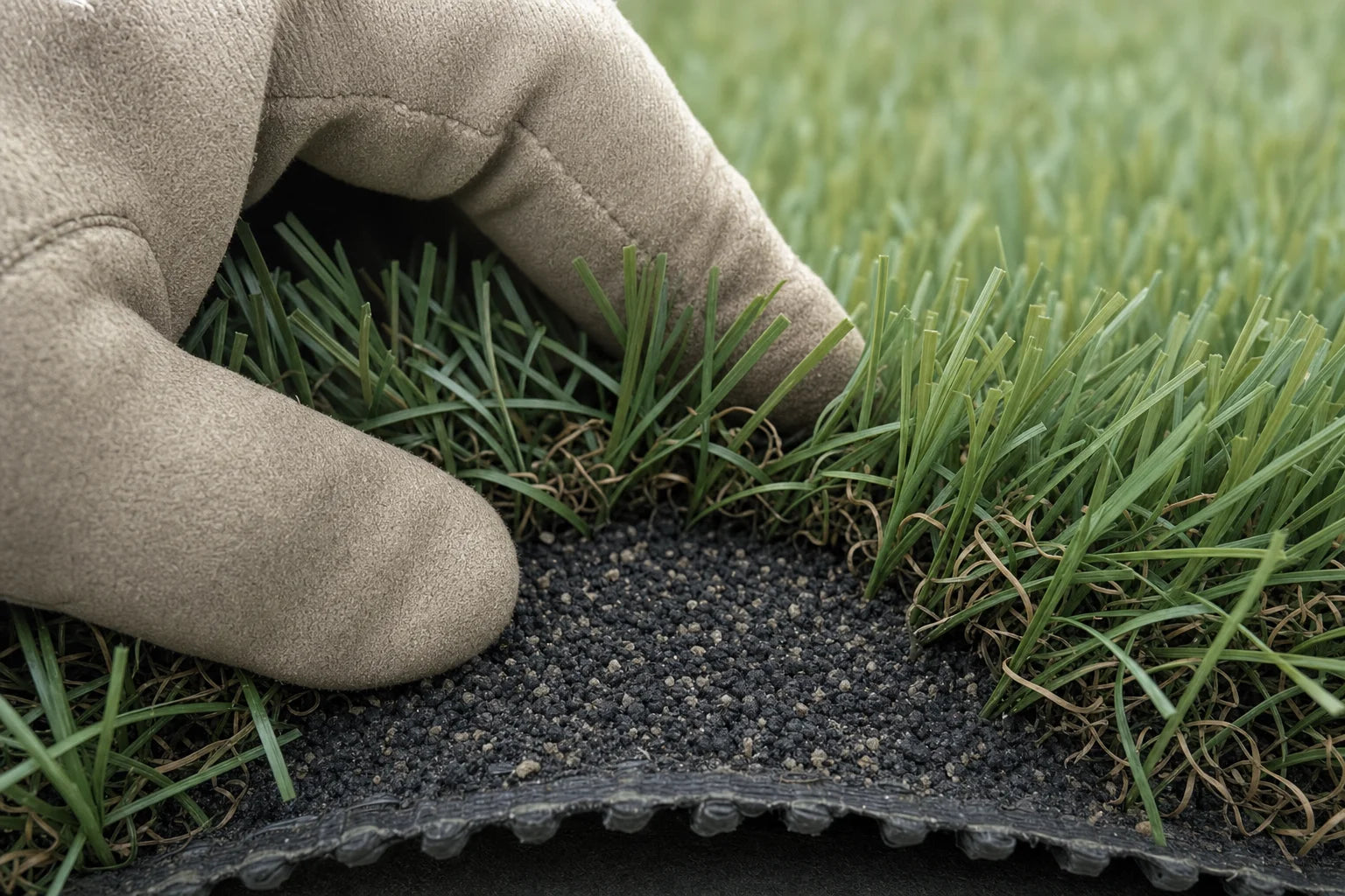 Gloved hand parting synthetic turf blades to expose the infill layer