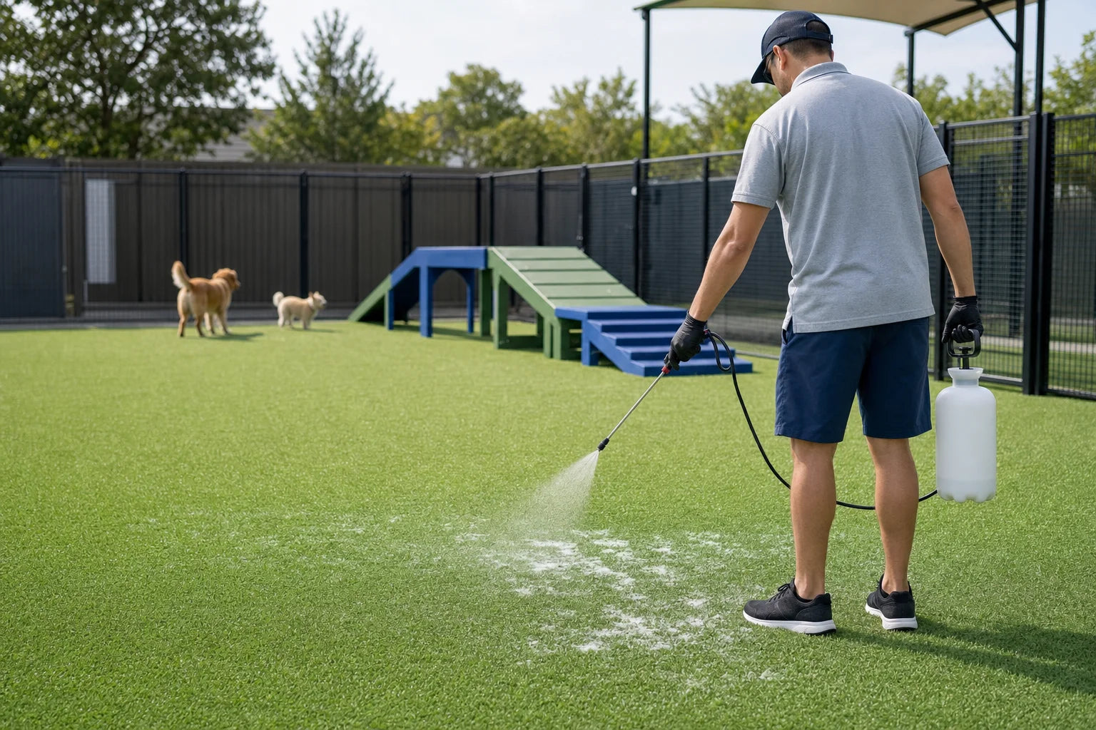 Spraying OxyTurf on a dog run