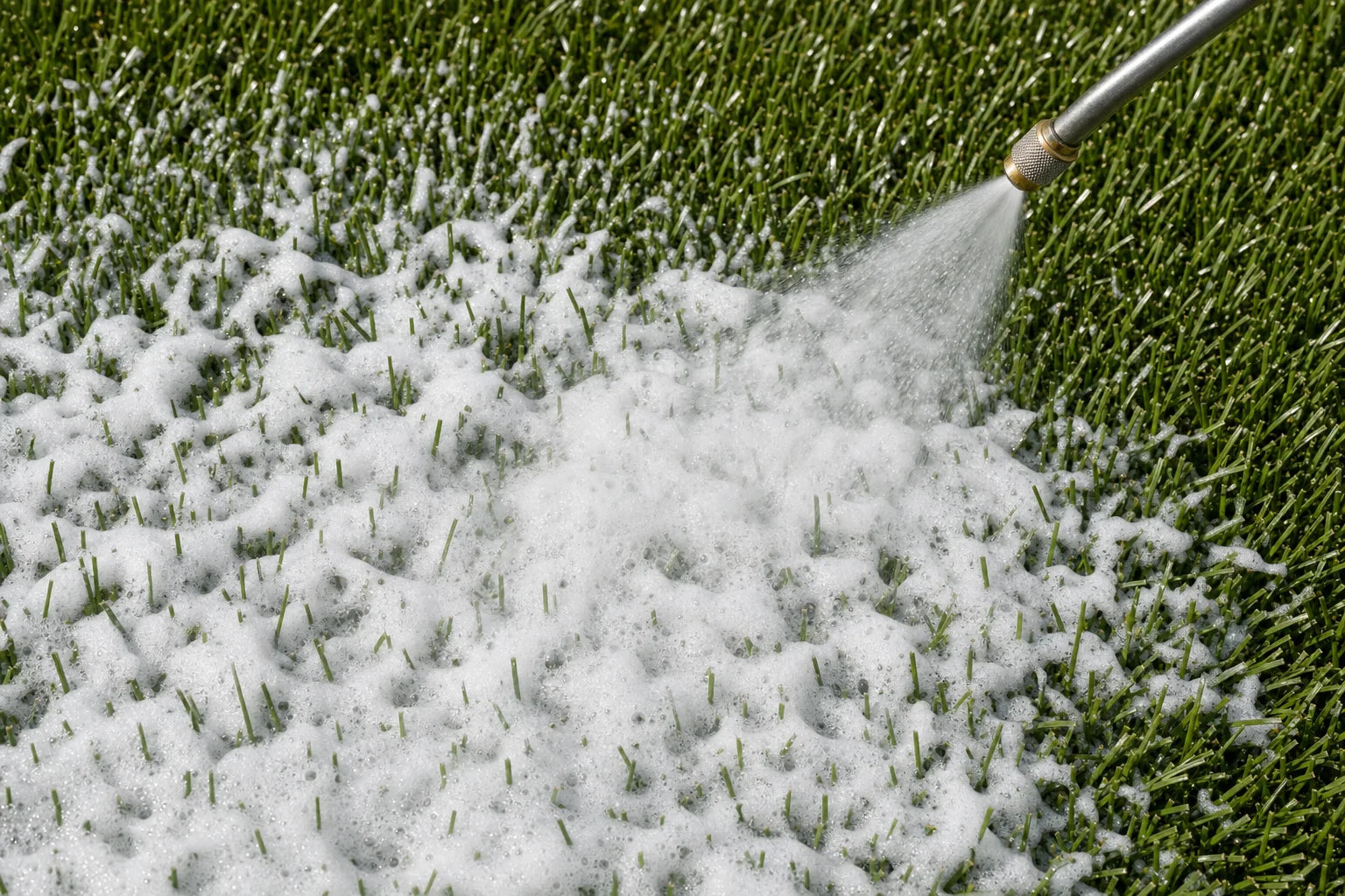 Cleaning foam working in synthetic turf fibers as a sprayer wand applies mist