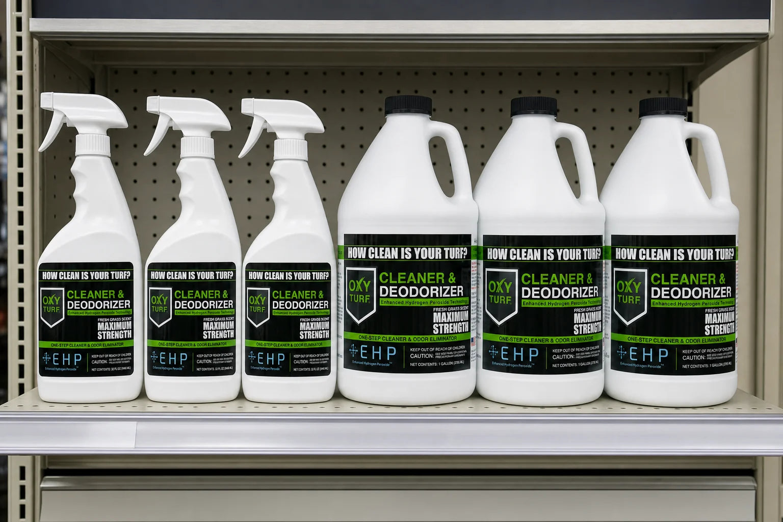 Retail shelf set of white spray bottles and gallon jugs on hardware store shelving